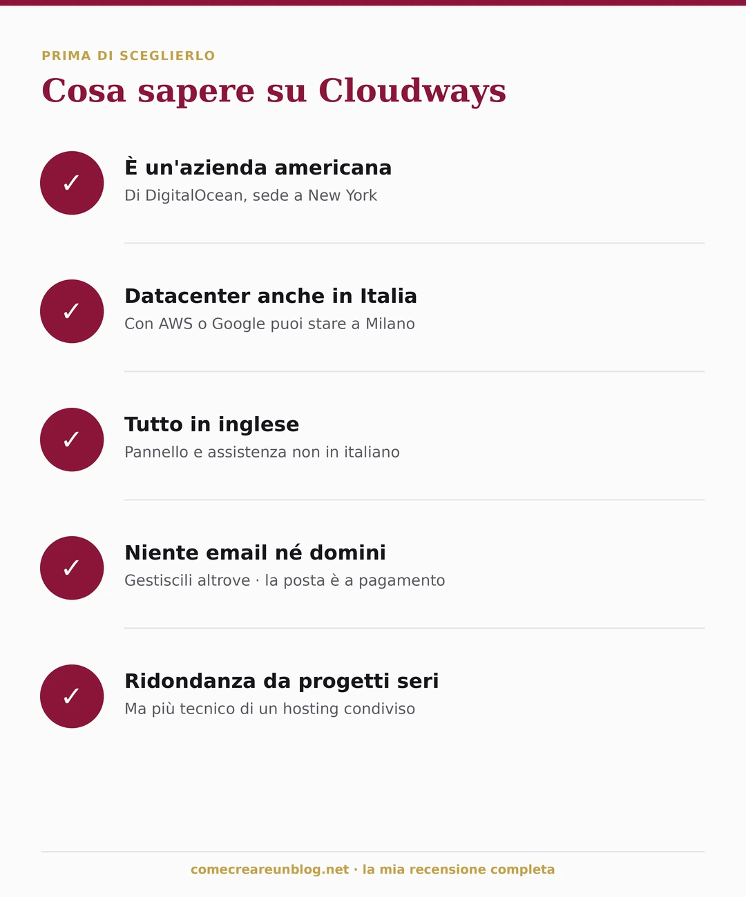 Cosa sapere su Cloudways prima di sceglierlo: azienda americana di DigitalOcean, datacenter anche in Italia, tutto in inglese, niente email né domini, pay-as-you-go, ma ridondanza da progetti seri