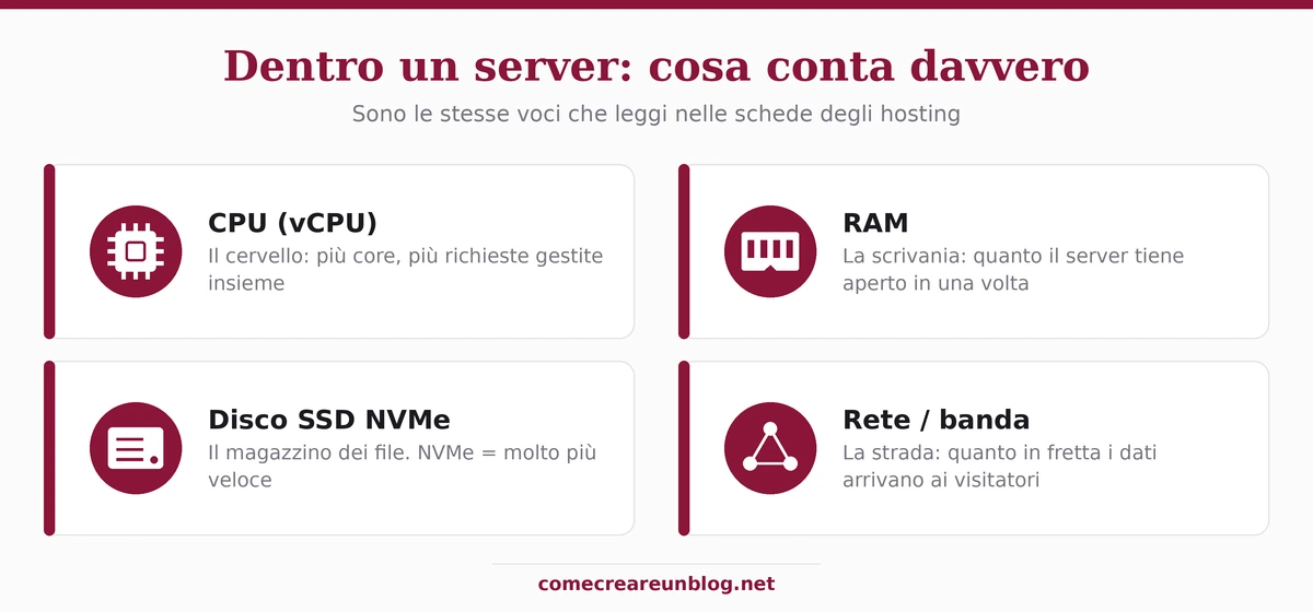 Dentro un server: CPU, RAM, disco SSD NVMe e rete, e cosa fa ciascuna parte