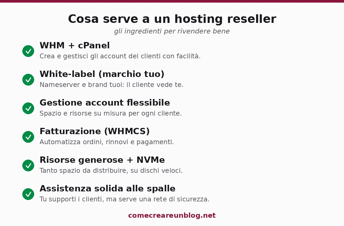 Cosa serve a un hosting reseller: WHM e cPanel, white-label col tuo marchio, gestione account clienti, fatturazione WHMCS, risorse generose, assistenza solida